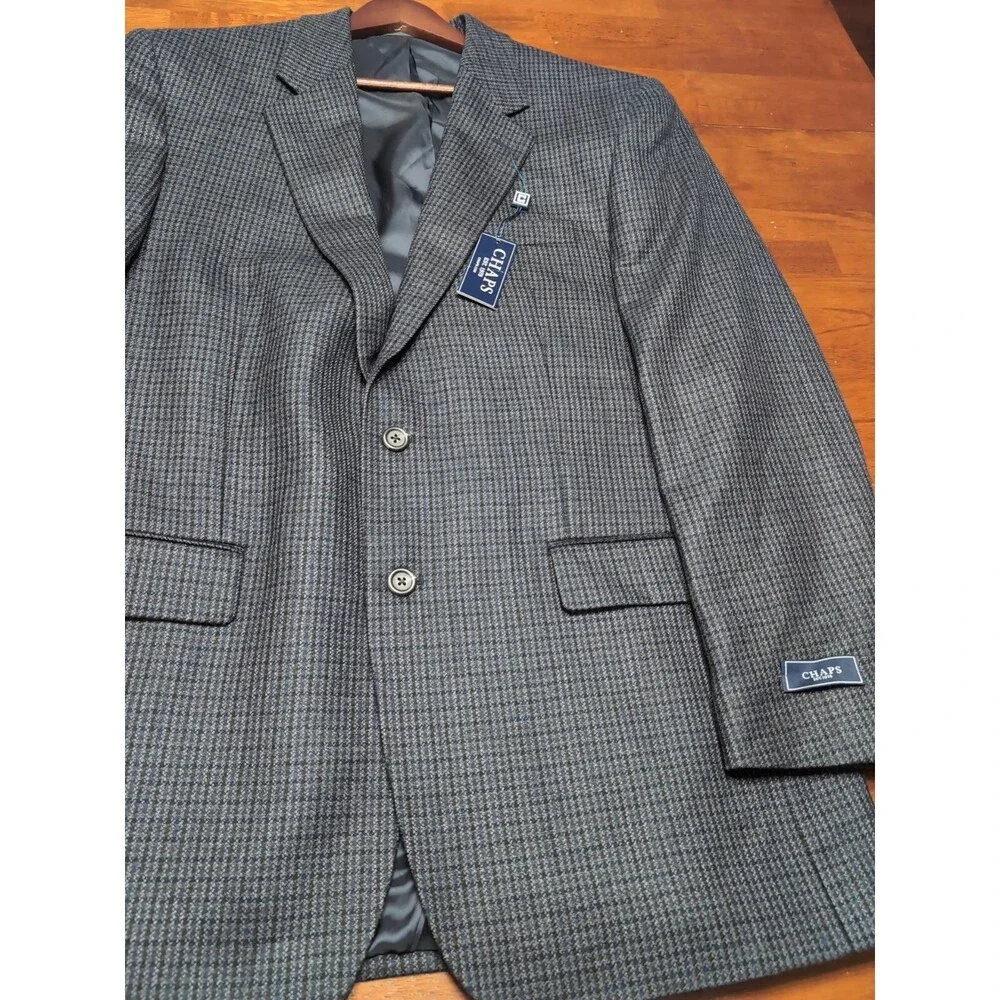 CHAPS SPORT COAT MEN'S 42L NAVY BLUE Lambswool Houndstooth 2 Button Blazer